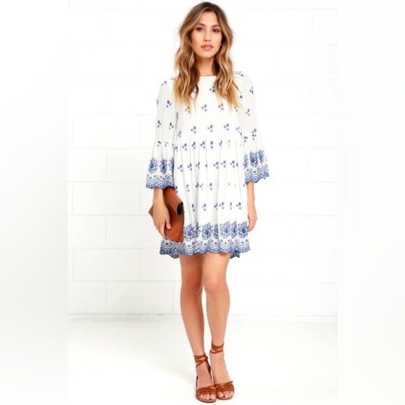 LULUS With a Whisper Blue and Ivory Embroidered Dress 3/4 Sleeve Boho Chic XS - Picture 6 of 16
